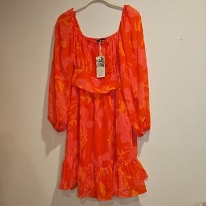 Jollycode Flowy Mini Dress With Bright Tropical Floral Pattern Sz. M NWT